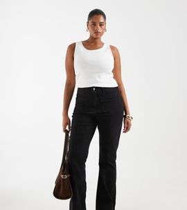 Only Curve ONLY Curve high rise front pocket pintuck flare jeans in black denim