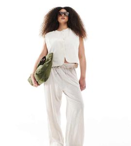 Only Curve ONLY Curve linen look pull on pants in beige - part of a set-Neutral