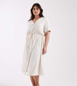 Only Curve ONLY Curve linen mix shirt dress in cream-White