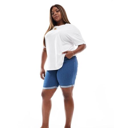 Only Curve ONLY Curve long denim shorts in mid blue-Black