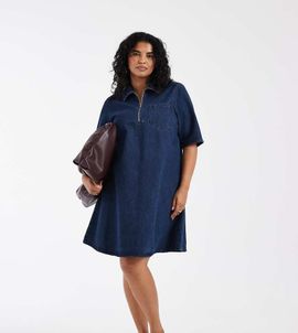 Only Curve ONLY Curve pleated denim mini dress in rinsed dark blue