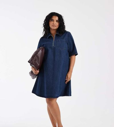 Only Curve ONLY Curve pleated denim mini dress in rinsed dark blue