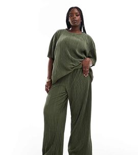 Only Curve ONLY Curve plisse wide leg pants in khaki - part of a set-Green