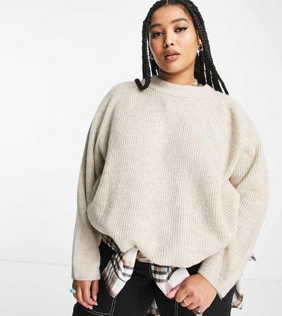 Only Curve Only Curve ribbed crew neck sweater in beige-Neutral