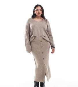 Only Curve ONLY Curve ribbed midi skirt in beige - part of a set-Neutral