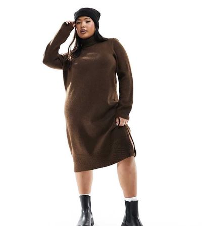 Only Curve Only Curve roll neck knitted dress in brown-Gray