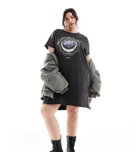 Only Curve ONLY Curve t-shirt mini dress with lotus graphic in washed black