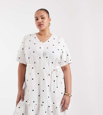 Only Curve ONLY Curve tie waist mini dress in white polka dots