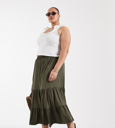 Only Curve ONLY Curve tiered midaxi skirt in khaki green
