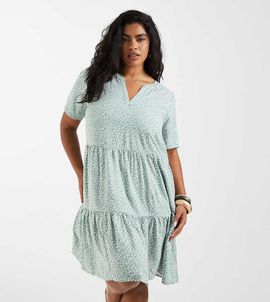 Only Curve ONLY Curve tiered mini dress in green floral print-pink