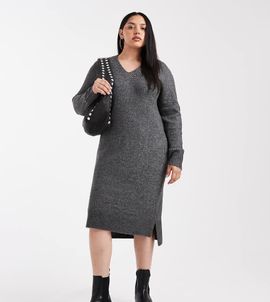 Only Curve ONLY Curve V-neck knit midi dress with embellished studs in gray