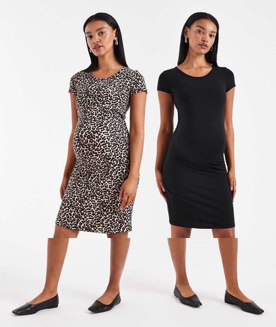 Only Maternity ONLY Maternity 2-pack short sleeve dress in black & animal print