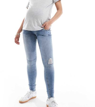 Only Maternity ONLY Maternity Blush skinny jeans with frayed hem in mid blue