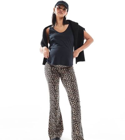 Only Maternity ONLY Maternity flare pants in leopard print-Brown