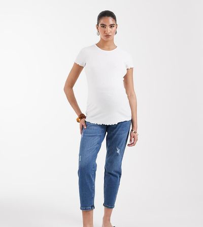 Only Maternity ONLY Maternity high waist ripped mom jeans in light blue
