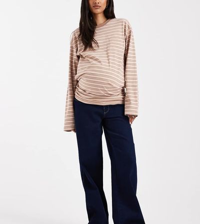 Only Maternity ONLY Maternity high waist wide leg jeans in rinsed dark blue