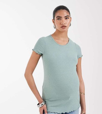 Only Maternity ONLY Maternity lettuce edge short sleeve top in sage-Green