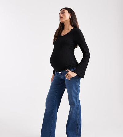 Only Maternity ONLY Maternity Snow high waist wide leg jeans in mid blue