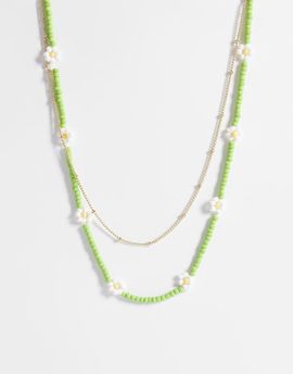 ONLY ONLY 2-pack beaded daisy necklaces in green-Gold