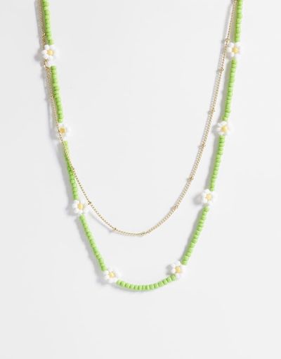 ONLY ONLY 2-pack beaded daisy necklaces in green-Gold