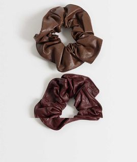 ONLY ONLY 2-pack faux leather scruchies in brown & burgundy-MULTI