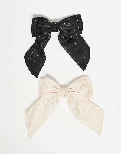 ONLY ONLY 2-pack rhinestone details bow hair clip in cream-White