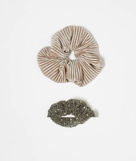 ONLY ONLY 2-pack scrunchies in beige & gold glitter-Black