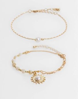 ONLY ONLY 2-pack sun and faux pearl bracelet in gold tone