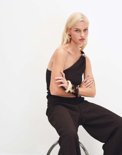 ONLY ONLY asymmetric crinkled textured top in dark brown - part of a set