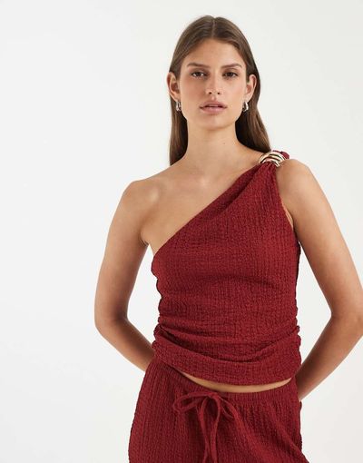 ONLY ONLY asymmetric crinkled textured top in dark red - part of a set - part of a set
