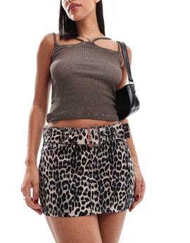 ONLY ONLY belted mini skirt in leopard print-Brown