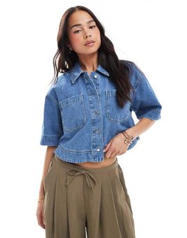 ONLY ONLY boxy cropped denim shirt in mid wash blue