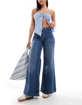 ONLY ONLY California mid waist super wide leg jeans in dark blue denim