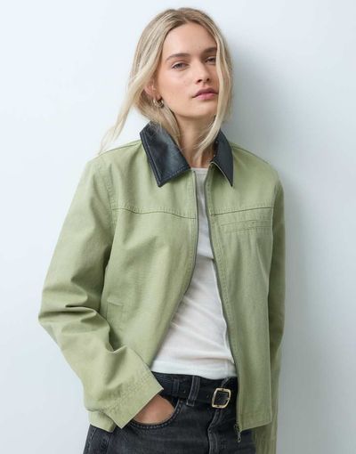ONLY ONLY canvas jacket with contrast collar in light green-WHITE