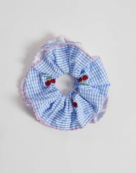 ONLY ONLY cherry print scrunchie in light blue gingham