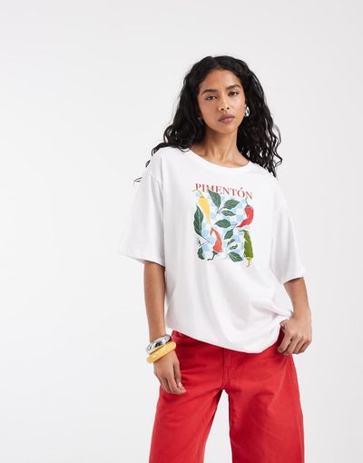 ONLY ONLY chilli graphic print oversized T-shirt in white