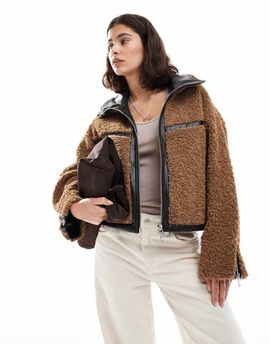 ONLY ONLY chunky teddy short jacket in brown