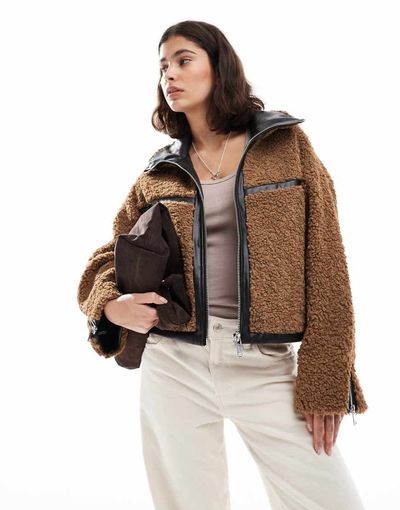 ONLY ONLY chunky teddy short jacket in brown