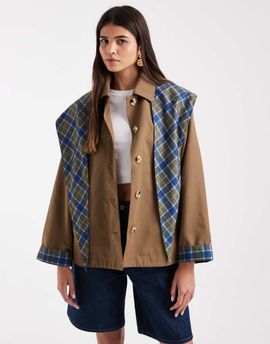 ONLY ONLY contrast sleeve trench with matching scarf in tan & blue check-Neutral