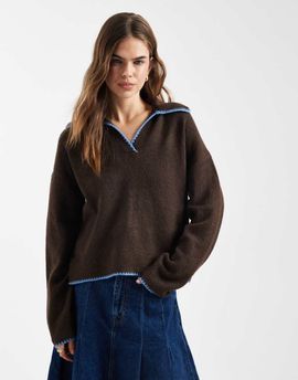 ONLY ONLY contrast stitch knit polo shirt in chocolate brown
