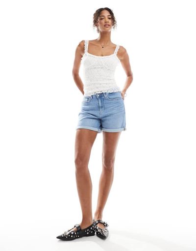 ONLY ONLY cuffed hem stretch denim shorts in light blue wash