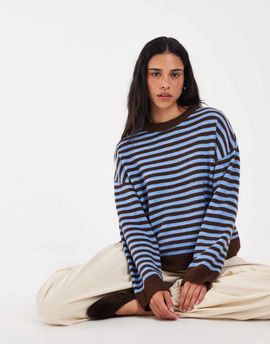 ONLY ONLY drop shoulder knit sweater in brown & blue stripes