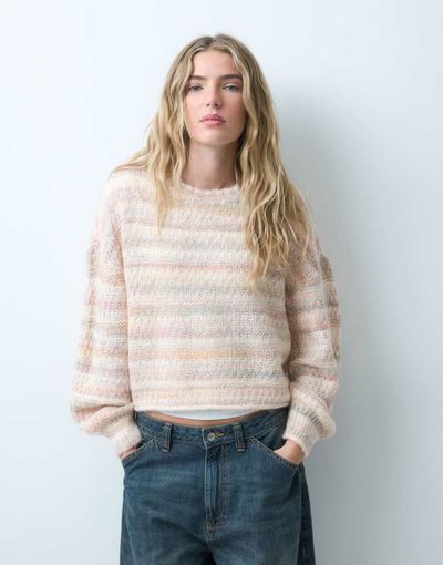ONLY ONLY drop shoulder knitted sweater in light pink stripes
