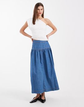 ONLY ONLY dropped waist denim maxi skirt in mid blue