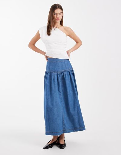 ONLY ONLY dropped waist denim maxi skirt in mid blue
