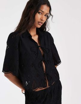 ONLY ONLY embroidery detail tie front top in black - part of a set