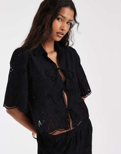 ONLY ONLY embroidery detail tie front top in black - part of a set
