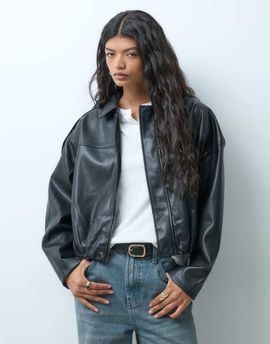 ONLY ONLY faux leather bomber with bubble hem in black