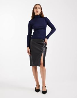 ONLY ONLY faux leather midi skirt with slit in black