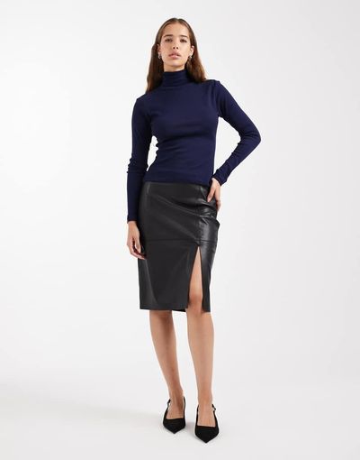 ONLY ONLY faux leather midi skirt with slit in black